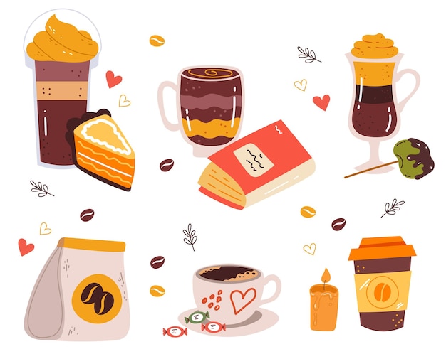 Té café bebida caliente caliente con pastel dulce abstracto conjunto aislado ilustración de diseño gráfico