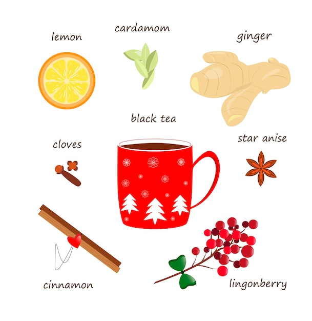 Té caliente con especias sobre un fondo blanco ingredientes