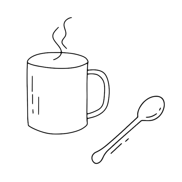 Té caliente o taza de café y cuchara icono doodle vector aislado en blanco