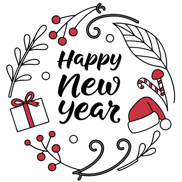 Te deseamos un Feliz Año Nuevo único texto caligráfico de cinta moderna con fuegos artificiales brillantes de oro