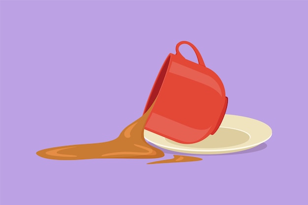 Té de dibujo plano de carácter derramado de la taza Té orgánico derramado en una taza de cerámica con icono de vidrio de arena Tetera taza de té Desayuno concepto etiqueta logotipo símbolo Dibujos animados diseño vector ilustración