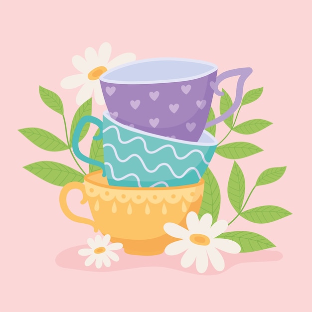 Vector té, diferentes tazas de té con flores y hojas, ilustración de diseño
