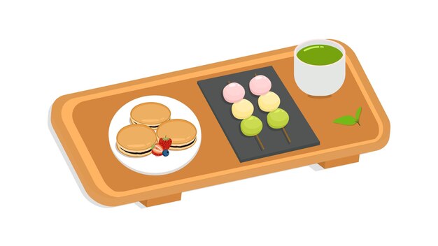 Té dorayaki, dango y matcha con bandeja de madera