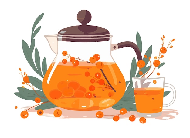 Té de espino amarillo caliente elaborado en tetera de vidrio aislado sobre fondo blanco ilustración de dibujos animados vectoriales