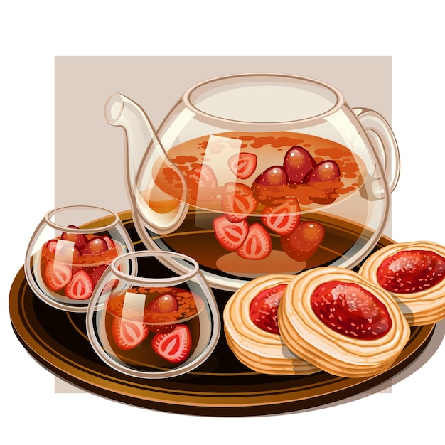 Vector té de fresa con tetera y vasos