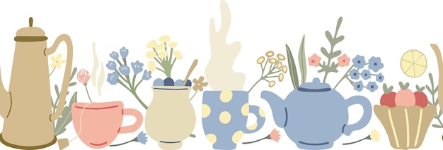 Té de hierbas borde sin costuras con teteras de limones postres de frutas flores silvestres y tazas de té