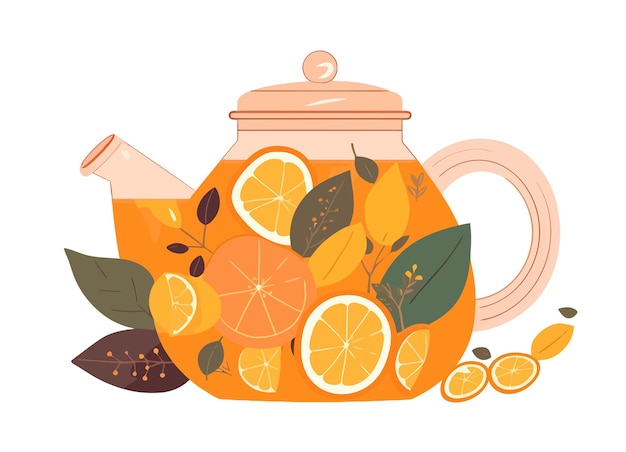 Vector té de hierbas elaborado en tetera de vidrio con rodajas de naranja limón hierba curativa y bayas aislado sobre fondo blanco ilustración de dibujos animados vectoriales