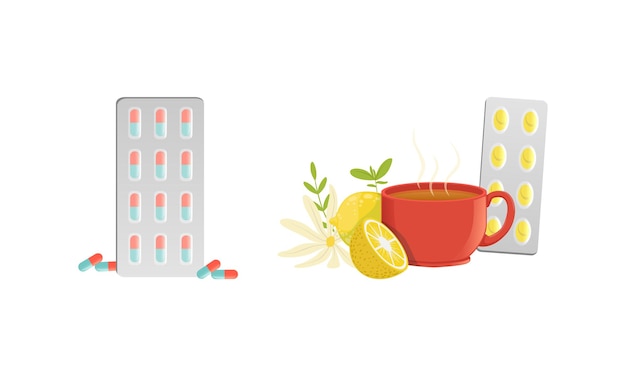 Té de hierbas limón manzanilla y pastillas para el resfriado Remedio Medicamentos para la salud Ilustración vectorial de dibujos animados