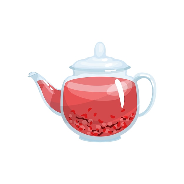 Té de hierbas naturales en una tetera transparente de vidrio con hierbas aromáticas vector ilustración