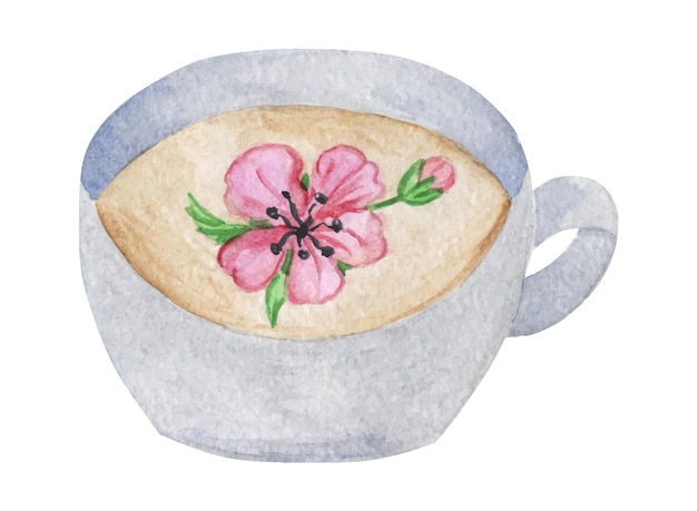 Té japonés fragante con flores de sakura Bebida oriental en una taza Diseño de comida asiática aislado