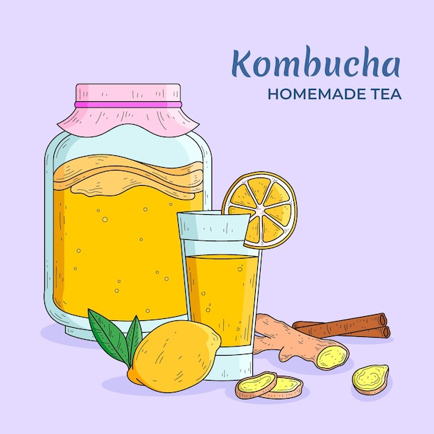 Té de kombucha dibujado a mano con limón y jengibre