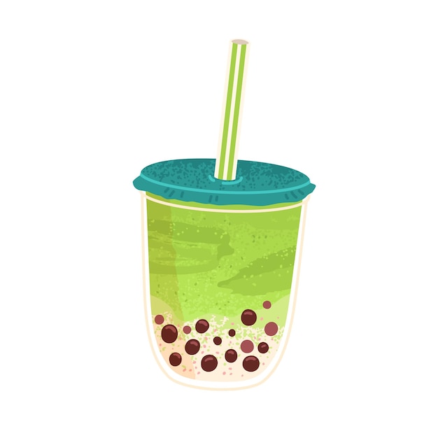 Té con leche de burbujas en una taza. Bebida de matcha de perlas asiáticas con boba, bolas de tapioca. Bubbletea de fruta fresca en vaso con paja. Cóctel frío de verano. Ilustración de vector plano aislado sobre fondo blanco