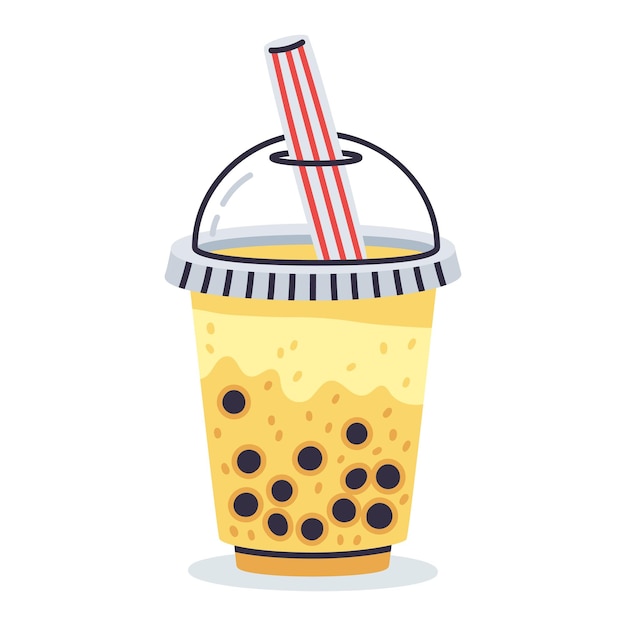 Té de leche con burbujas Taza de té de leche taiwanesa dibujada a mano perlas de tapioca té boba deliciosa taza de bebida gaseosa ilustración vectorial sobre fondo blanco