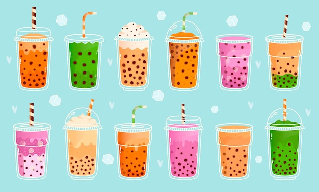 Té con leche de burbujas. Té con leche de perlas, leche matcha, cacao, sabores de frutas y té verde, bebidas lindas asiáticas