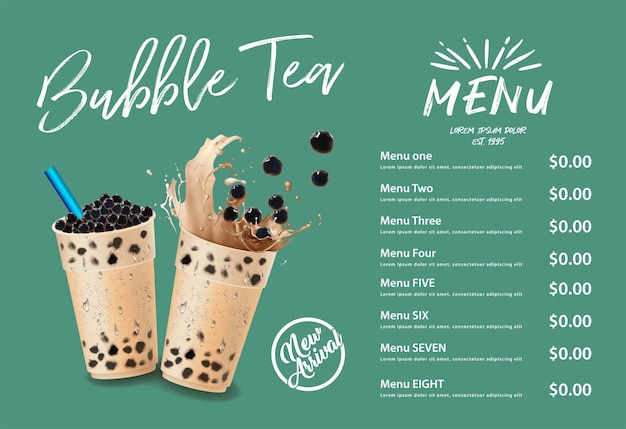 Vector té de leche con burbujas té de leches de perlas diferentes tipos de bebidas boba yummy