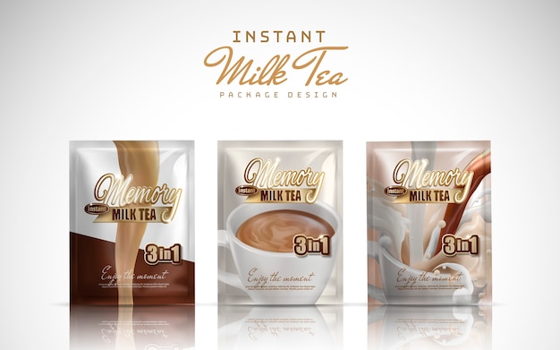 Té de leche instantáneo diseño de paquete práctico fondo blanco ilustración 3d