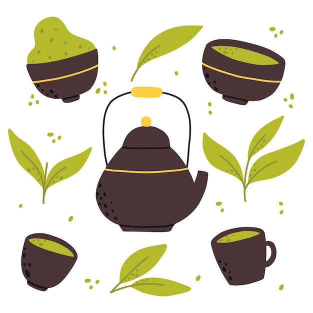 Té matcha conjunto vectorial de té orgánico matcha en polvo hojas de té tetera taza tradicional