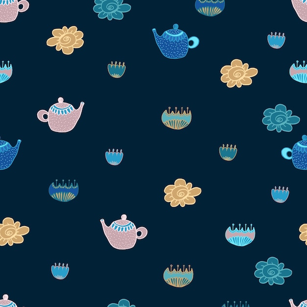Té de patrones sin fisuras con flores y puntos Vector ilustración de dibujos animados multicolor aislado