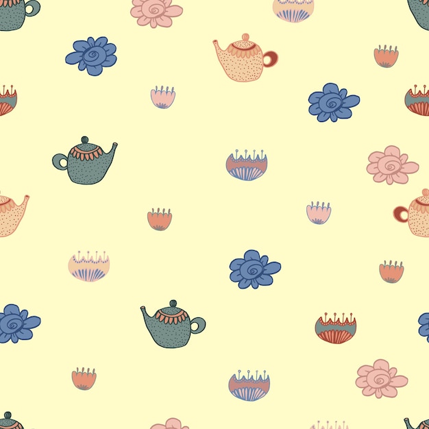 Té de patrones sin fisuras con flores y puntos Vector ilustración de dibujos animados multicolor aislado