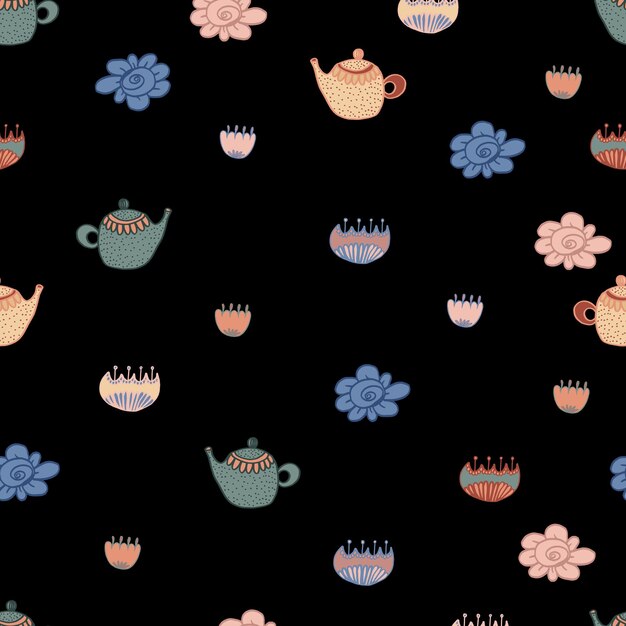 Té de patrones sin fisuras con flores y puntos Vector ilustración de dibujos animados multicolor aislado