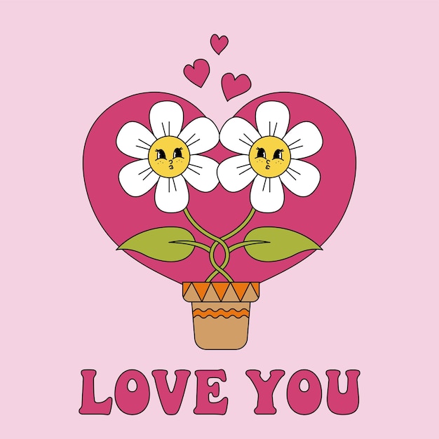 Te quiero carteles de flores de margaritas Groovy Tarjetas de felicitación del día de San Valentín con caras de estilo retro de los años 60 y 70 Colección de tarjetas hippie Ilustración vectorial