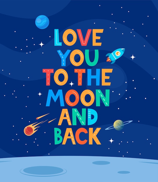 Te quiero a la luna y de vuelta lindo dibujo animado con cohete espacial y letras