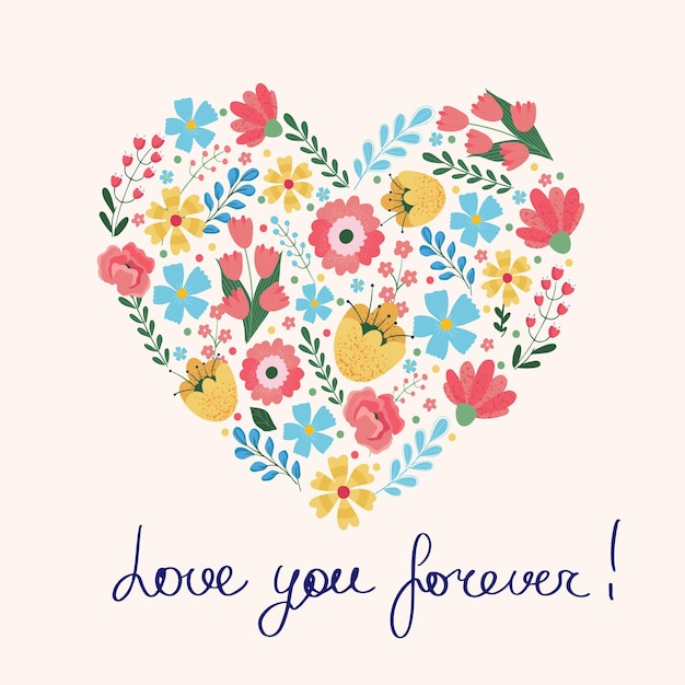 Te quiero para siempre flores vintage en forma de corazón sobre fondo blanco