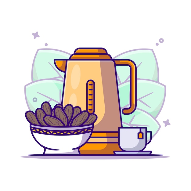 Té y tazón de fuente de dátiles ilustración de dibujos animados