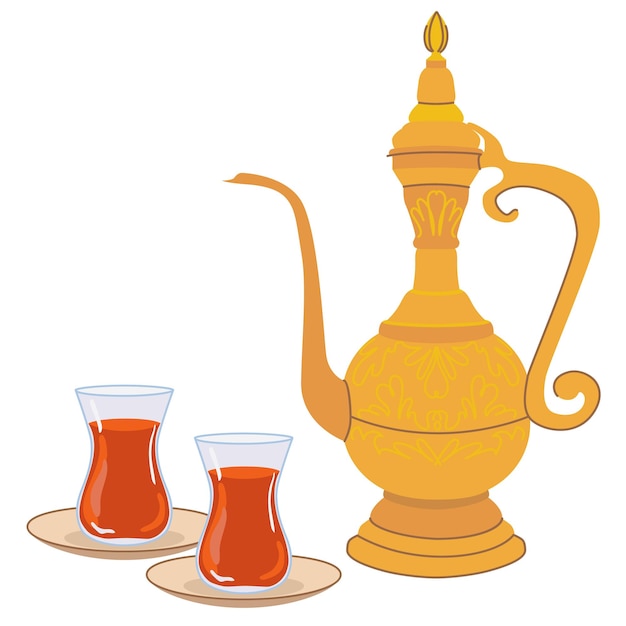 Té turco tradicional en un vaso y una jarra oriental con un ornamento Ilustración vectorial en estilo plano sobre un fondo blanco Una bebida caliente reconocible común en el este