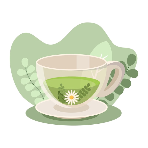 Té verde con hierbas y flores relajándose en el platillo