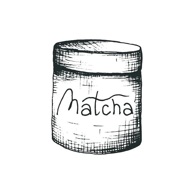 Té verde matcha japonés en envases de plástico o madera de estilo de dibujo a mano un tarro de té con la inscripción matcha un icono o para envasar un producto o menú