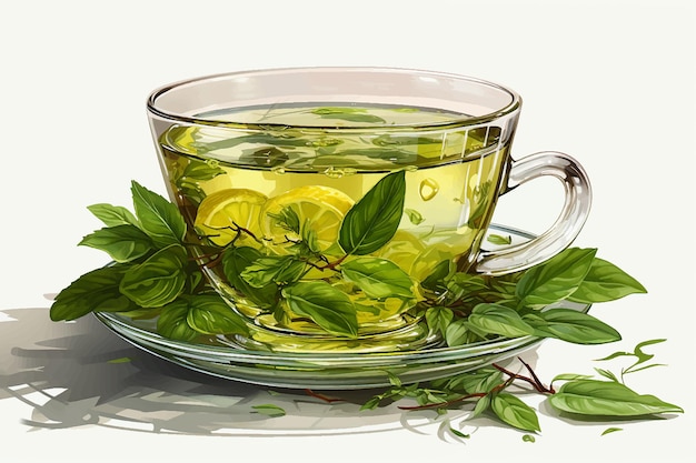 Vector té verde con taza transparente aislada en fondo blanco incluye camino de recorte