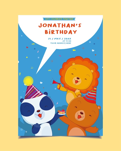 Teamplate de invitación de cumpleaños infantil con panda feliz y pastel