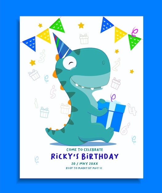 Vector teamplate de invitación de cumpleaños para niños con lindo dino