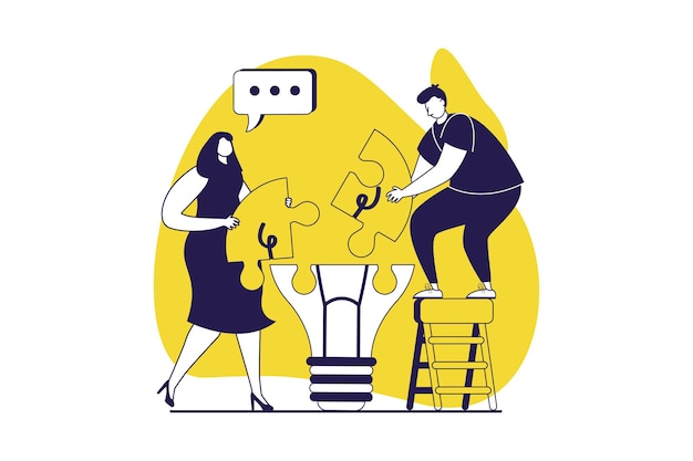 Teamwork web concept with flat people for website design Woman and man brainstorming and solving puzzle generating ideas collaborating and finding solution for challenges Vector illustration