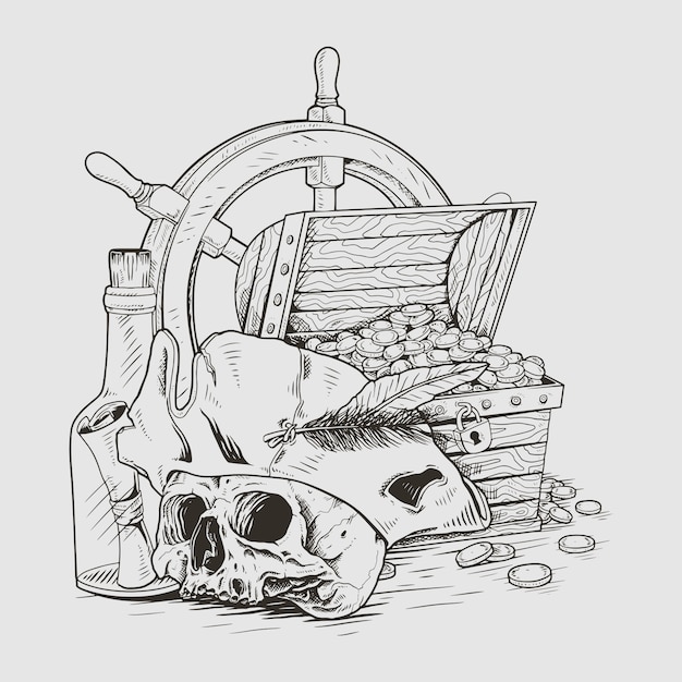 teasure hunter piratas cráneo ilustración boceto línea