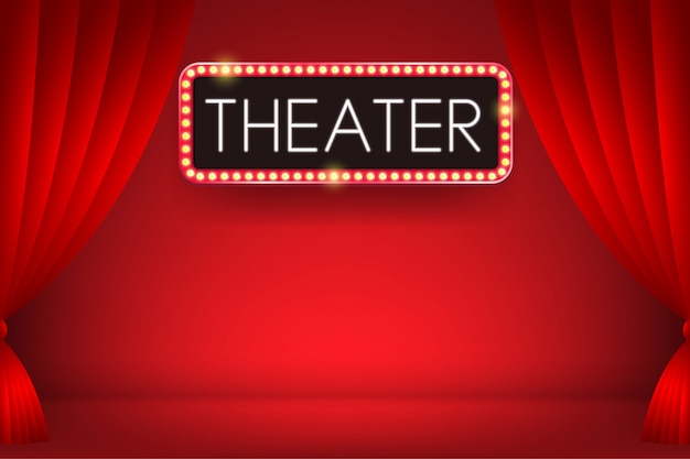 Vector teatro brillante texto de neón en una cartelera de bombilla eléctrica con telón de fondo de cortina roja. ilustración.