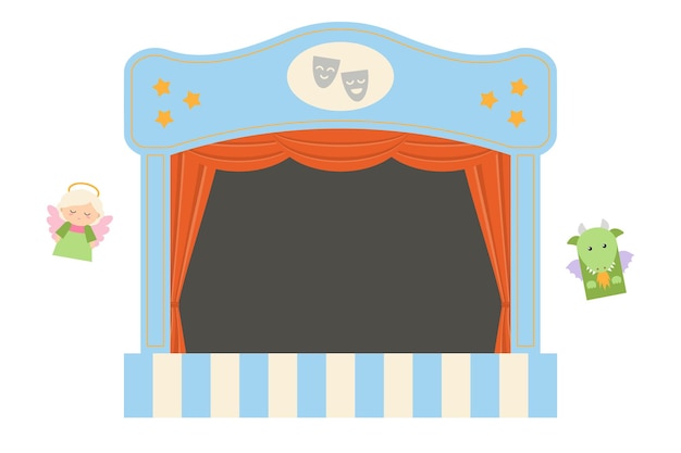 Vector teatro de marionetas para niños sobre un fondo blanco el escenario del teatro con cortinas rojas fondo oscuro