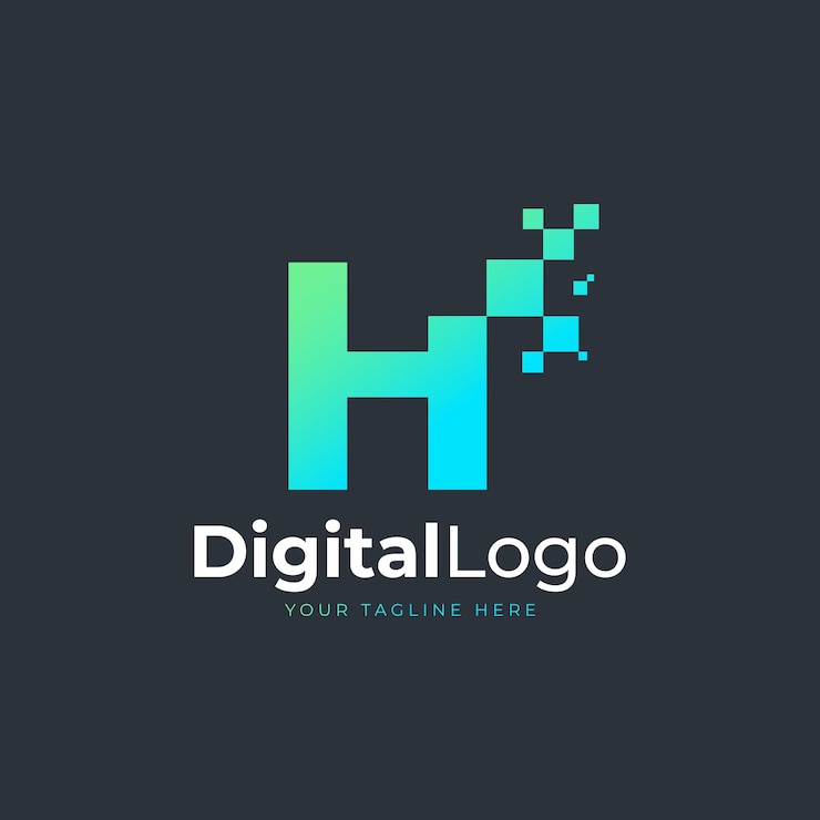Vector tech letter h logo forma geométrica azul y verde con logotipos de tecnología square pixel dots