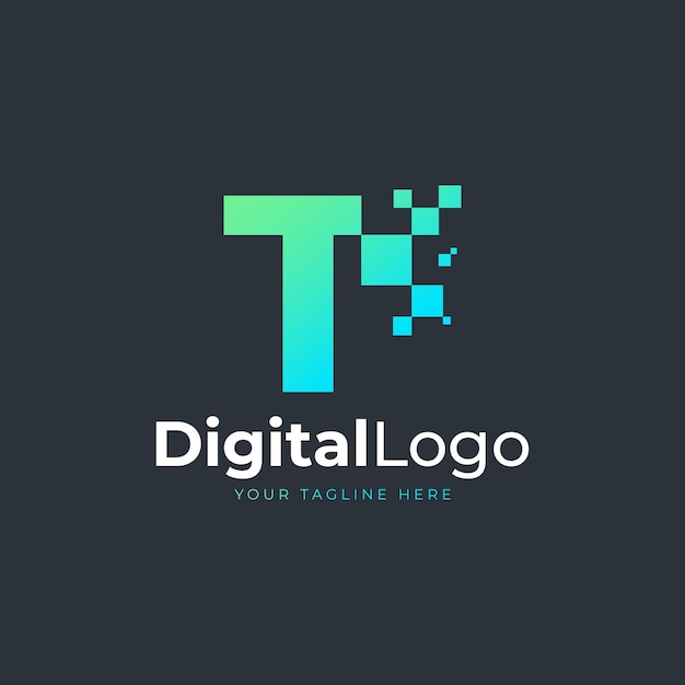 Tech letter t logo forma geométrica azul y verde con logotipos de tecnología square pixel dots