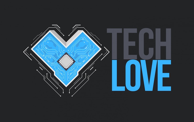 Vector tech love, letras con placa de circuito o placa base en forma de corazón