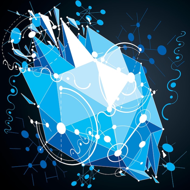 Technical abstraction created with Bauhaus style elements and low poly shattered object with different asymmetric particles. Modern geometric composition can be used as templates and layouts.