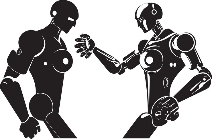 Techno Boxer Robot Boxer Negro Diseño del logotipo Robótico Combatiente Robot Boxer Vector Icono Negro
