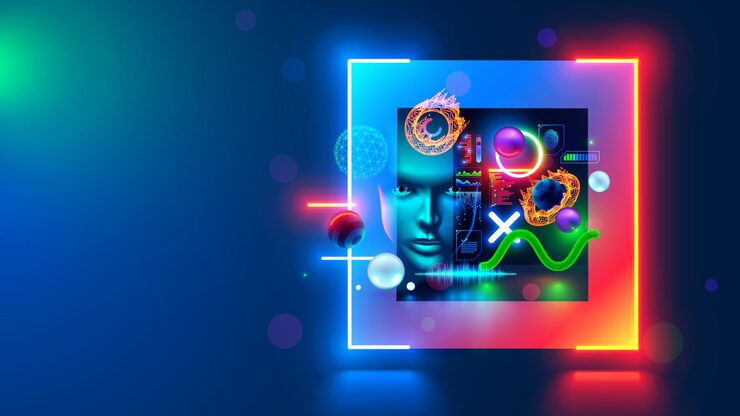 Vector technology abstract background computer digital futuristic neon square frame with ai face 3d geometric shapes in cyberspace artificial intelligence head abstract digital computer tech banner
