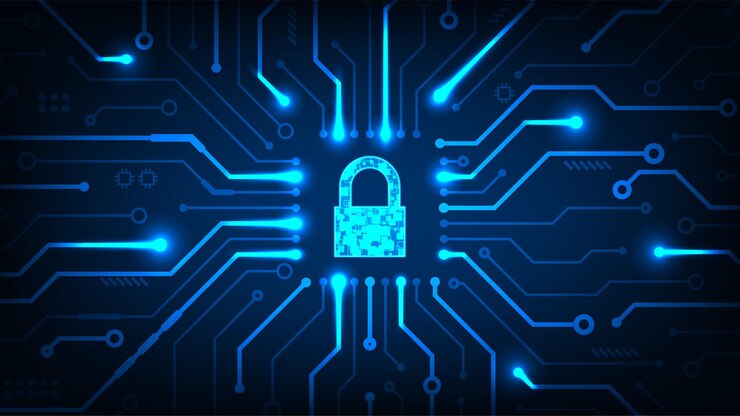 Vector technology abstract digital security hi tech line circuit board with dark blue background