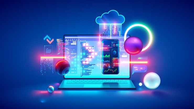 Vector technology of software development web design programming concept program code on screen laptop phone code of program data interface elements on screen laptop software development tech banner