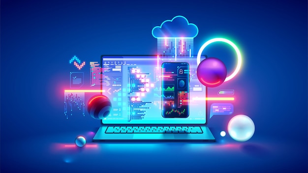 Technology of Software development web design programming concept Program code on screen laptop phone code of program data interface elements on screen laptop Software development Tech Banner