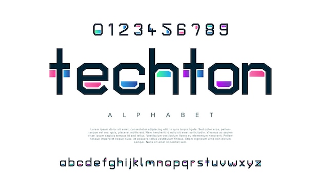 Techton fuente creativa moderna geométrica alfabeto urbano juego futurista abstracto digital techno robot música logotipo deporte tecnología minimal tipografía ilustración vectorial numérica simple
