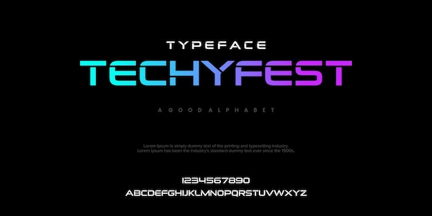 TECHYFEST futurista minimalista pantalla diseño de fuente alfabeto tipografía letras tipografía