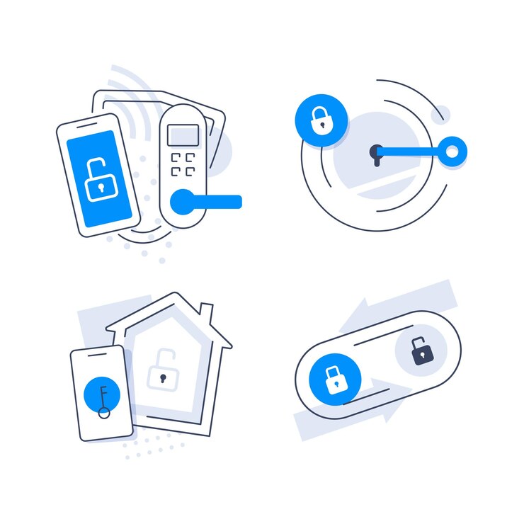 Vector tecla de teléfono con icono de bloqueo inteligente para desbloquear la puerta y abrir el dispositivo de visualización con acceso digital